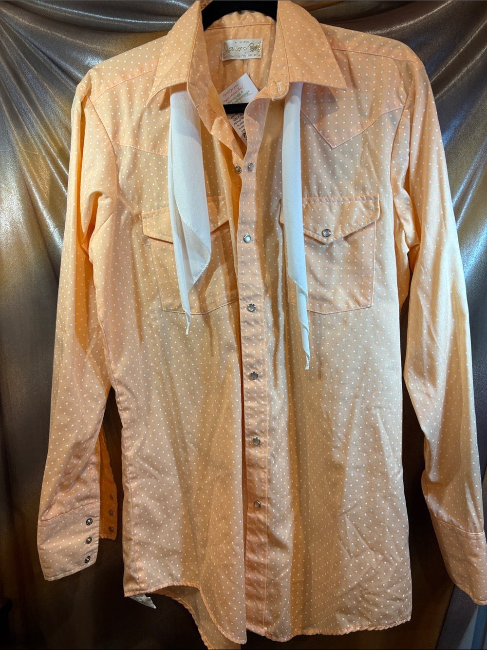 Vintage Jason Peach Polka Dot Western Shirt with White Tie. Box PP